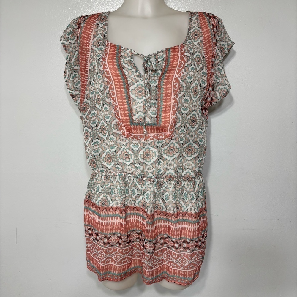 Maurices Boho Coral/Aqua Short Sleeve Sheer Blouse Size L